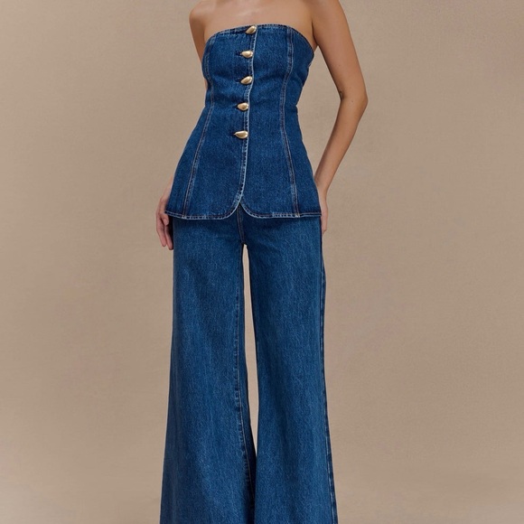 Meshki Pants - NWT Meshki Lennox Denim Strapless Top & Wide Leg Jeans Set XXS Tall Fit Blue